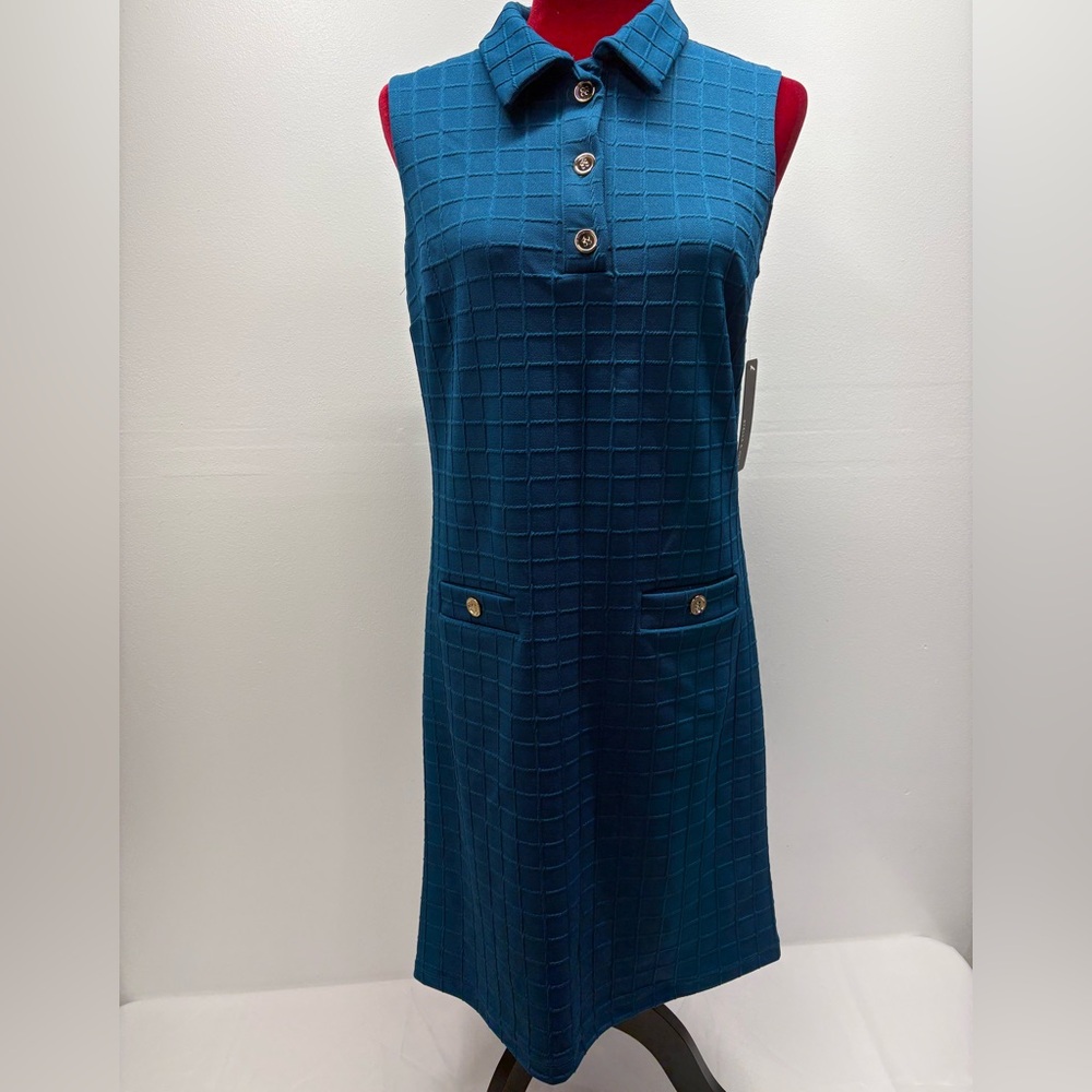 New Stella & Julie Sleeveless teal Blue Textured lapel collar Dress Sz 10 casual - Picture 3 of 8